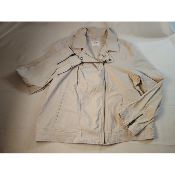 Old Navy Jackets & Blazers - Old Navy Womens XL Beige Cotton Twill Asymmetrical Moto Jacket Zipper Cuffs Tan